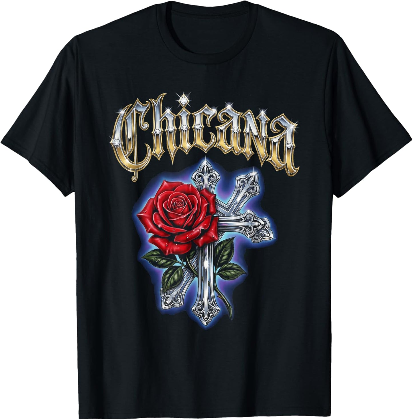 Chicana Rose Cross Heritage Lowrider Art Design T-Shirt - T-Shirt | Black