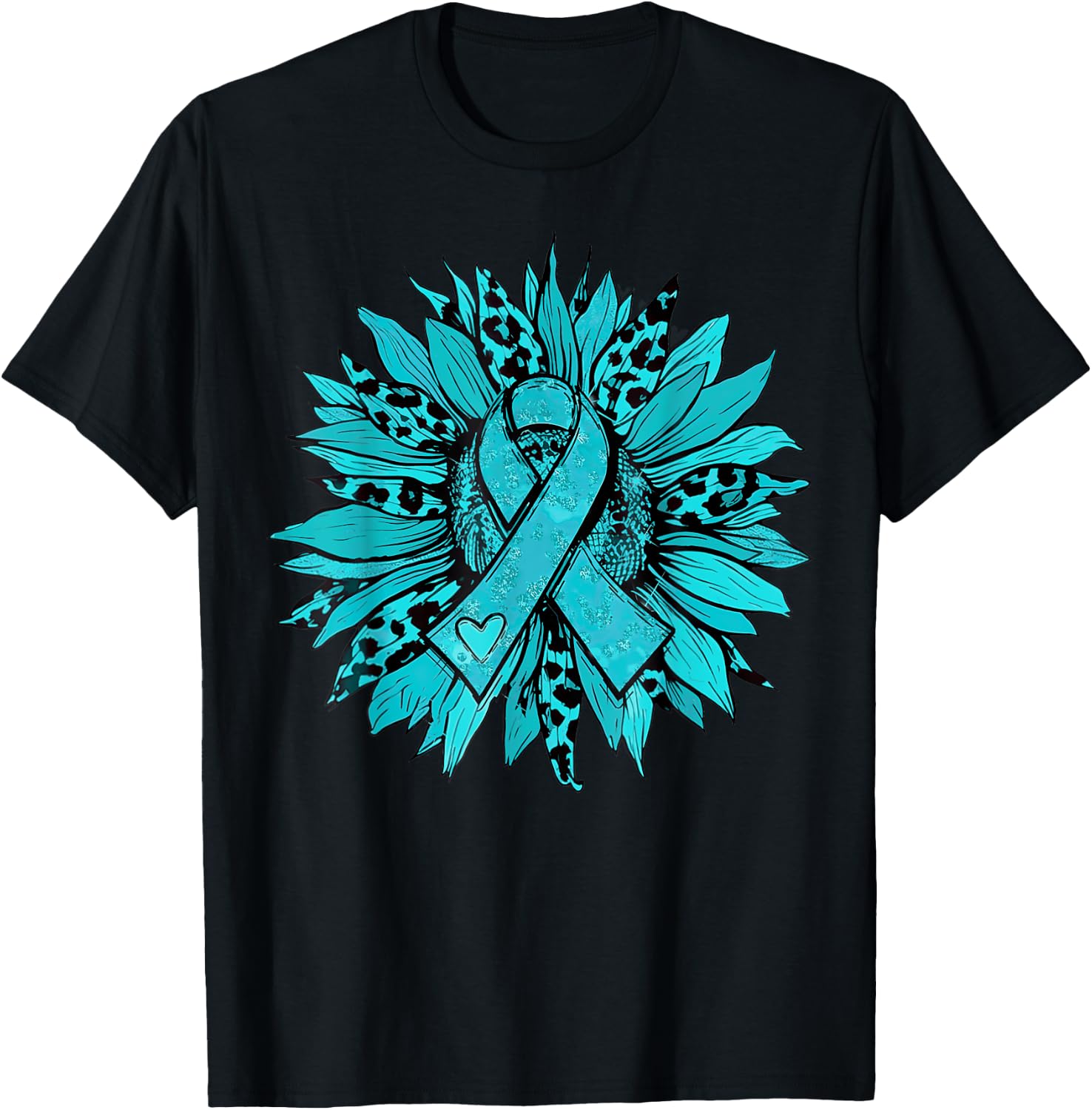 Sunflower Teal Cervical Cancer Awareness Women Girls Warrior T-Shirt - T-Shirt | Black
