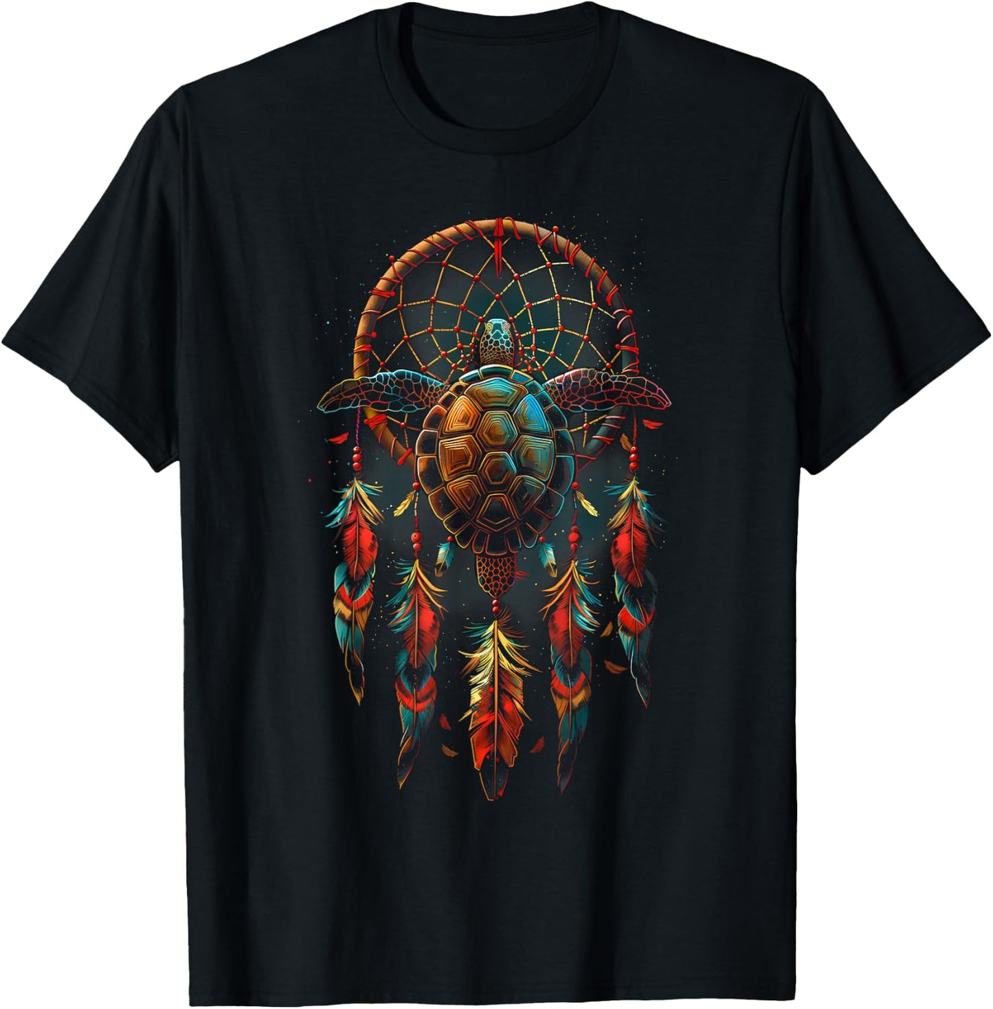 Turtle Dreamcatcher Native American Indian Feathers Arts T-Shirt - T-Shirt | Black