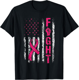 Fight USA Flag Breast Cancer Awareness Patriotic Pink Ribbon T-Shirt - T-Shirt | Black