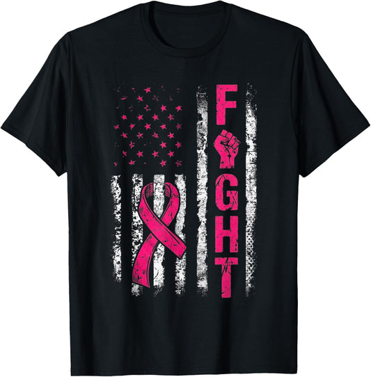 Fight USA Flag Breast Cancer Awareness Patriotic Pink Ribbon T-Shirt - T-Shirt | Black