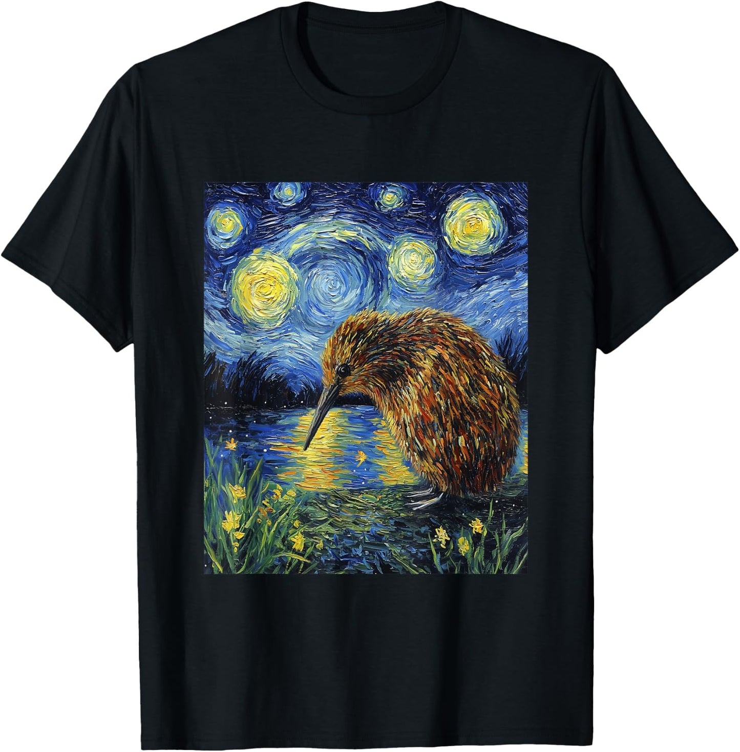 Funny Kiwi Bird - Van Gogh Style - Starry Night Graphic T-Shirt - T-Shirt | Black