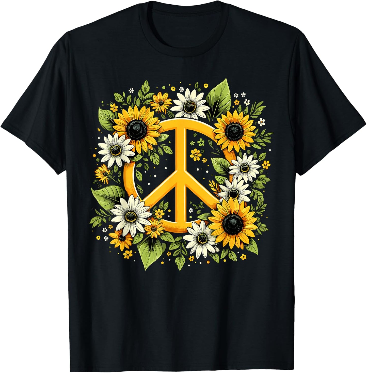 Hippie Peace Sign Flower Sunflower Hippie T-Shirt - T-Shirt | Black