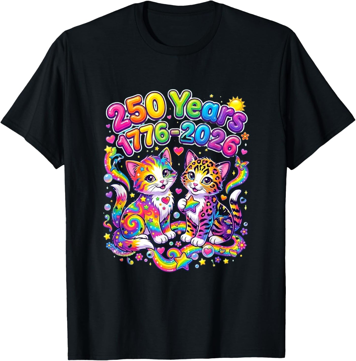 250 Years 250th Anniversary July 4th Cute Cats Rainbow Stars T-Shirt - T-Shirt | Black
