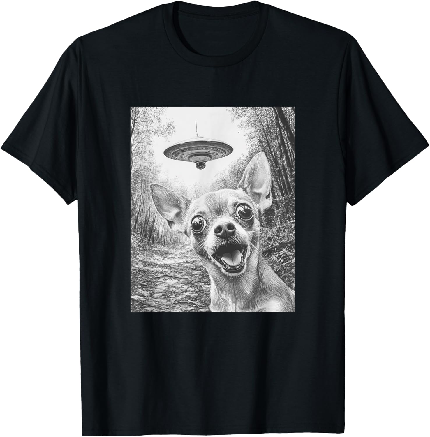 Funny Alien Chihuahua Selfie with UFO T-Shirt - T-Shirt | Black