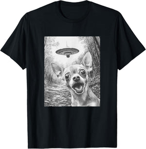 Funny Alien Chihuahua Selfie with UFO T-Shirt - T-Shirt | Black