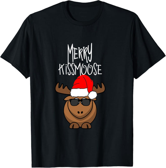 Funny Merry Kissmoose Xmas Antlers Santa Hat Decor Women Men T-Shirt - T-Shirt | Black
