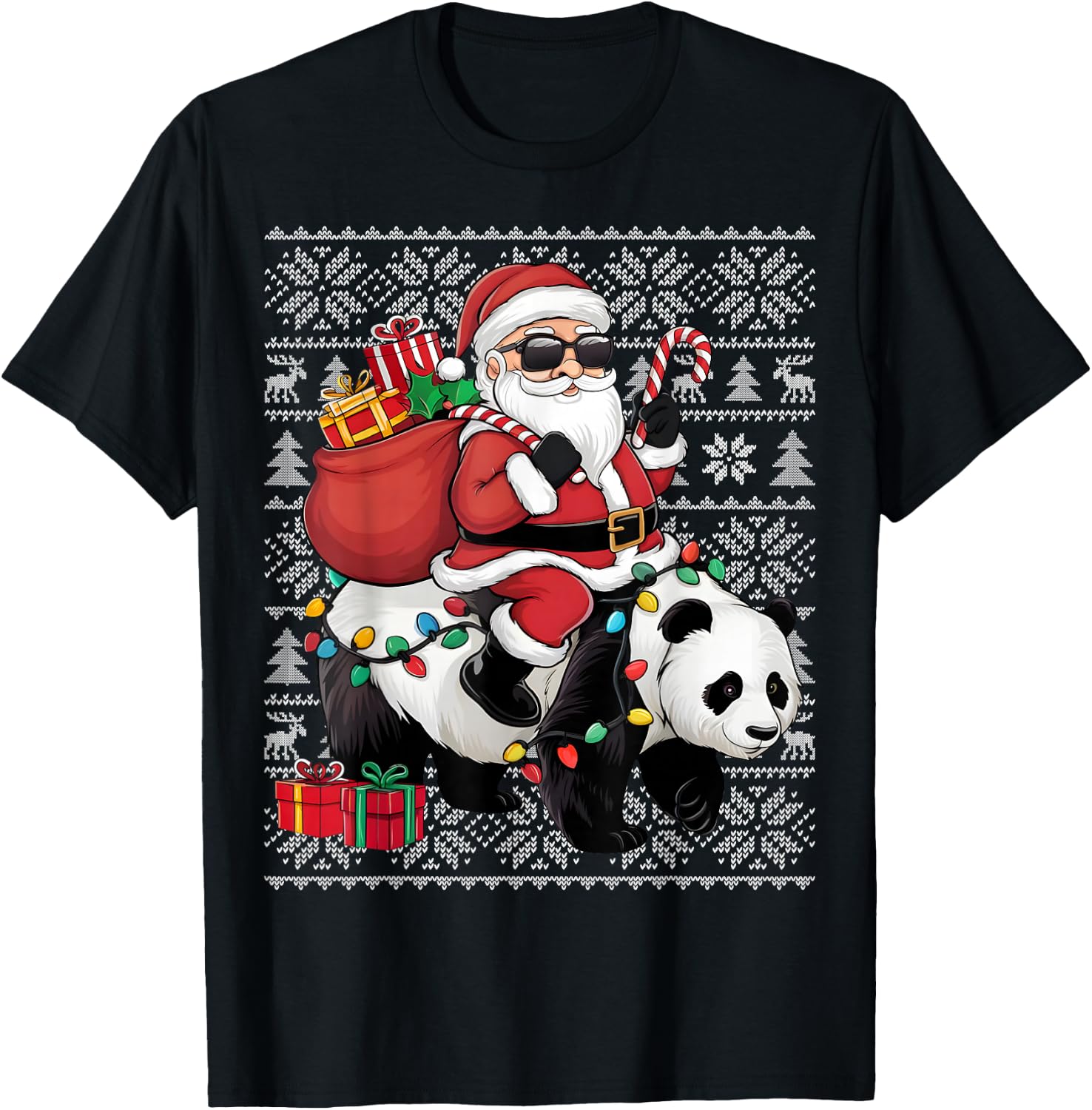 Ugly Xmas Sweater Style Santa Riding Panda Christmas T-Shirt - T-Shirt | Black