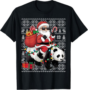 Ugly Xmas Sweater Style Santa Riding Panda Christmas T-Shirt - T-Shirt | Black