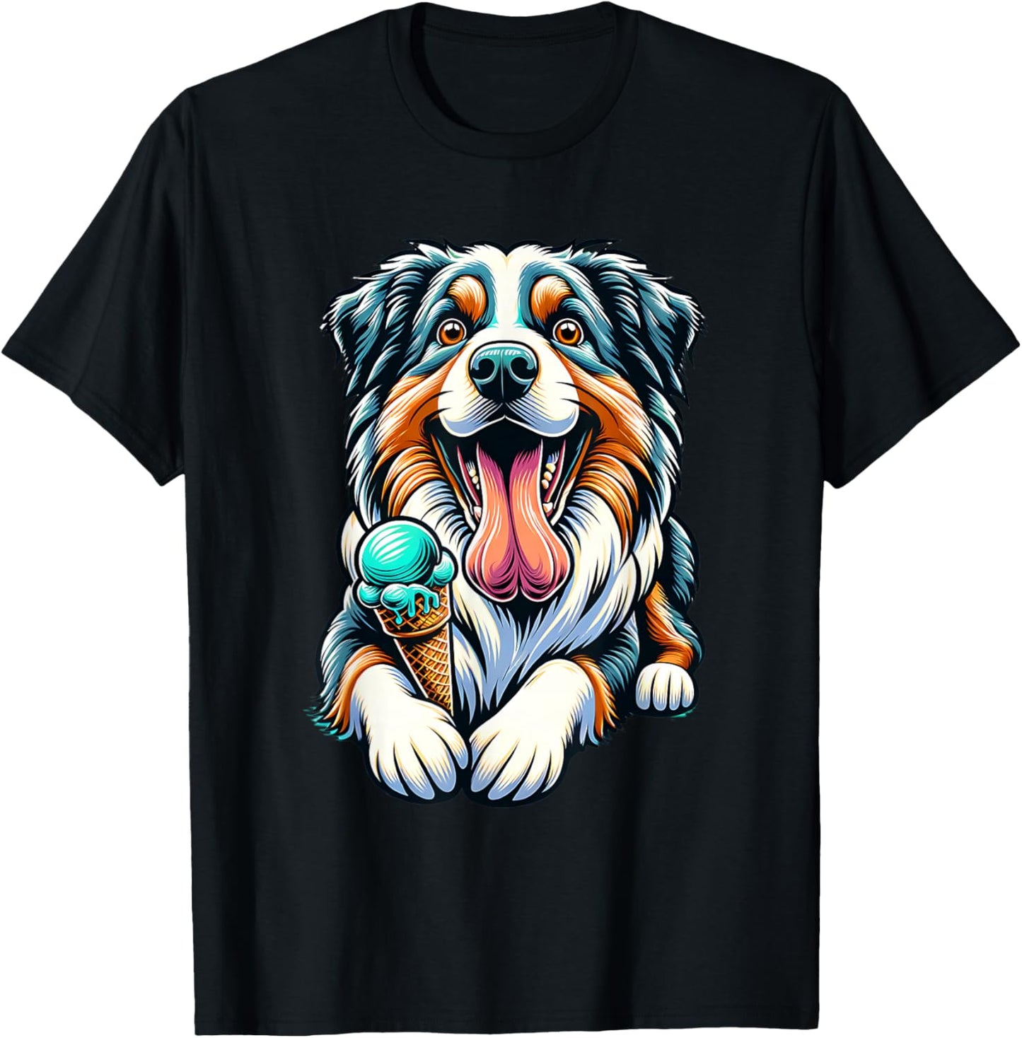 Australian Shepherd Eating Ice Cream Cone Cute Dog T-Shirt - T-Shirt | Black
