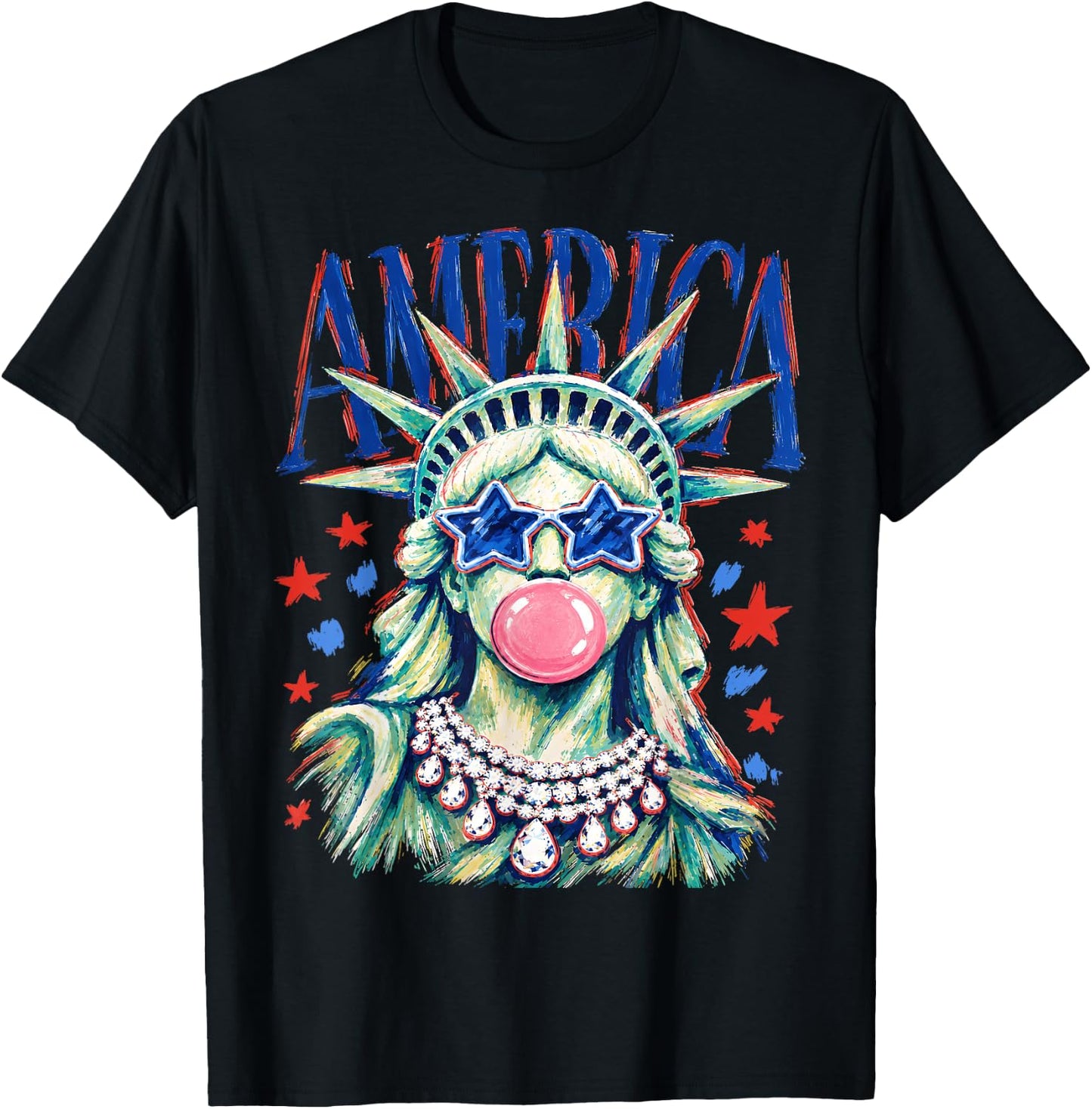 Brushstroke Statue of Liberty Blowing Bubble Gum 4th of July T-Shirt - T-Shirt | Black