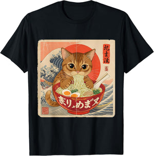 Tabby Cat Ramen Japanese Wave Art , Men, and Kids T-Shirt - T-Shirt | Black