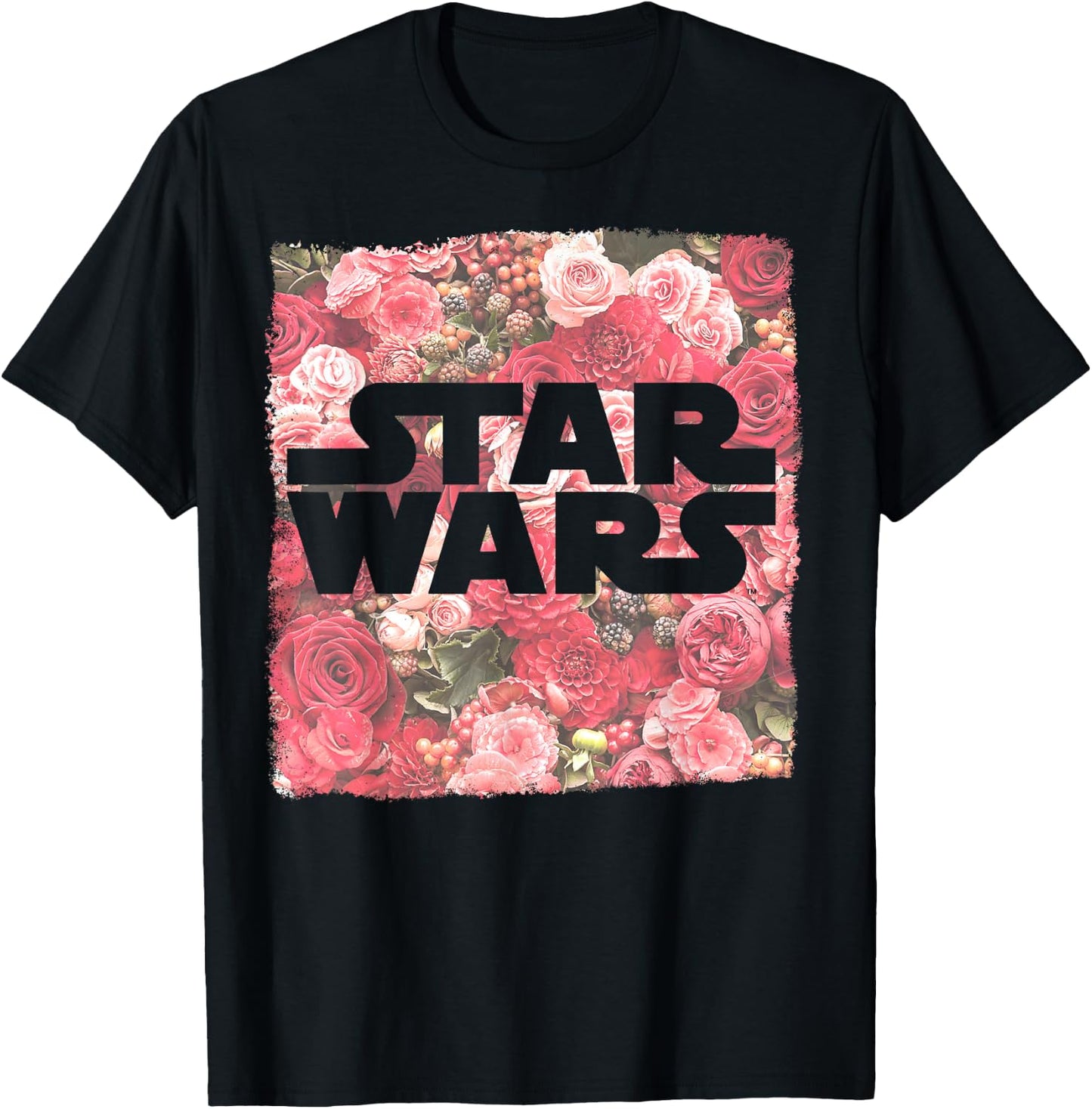 Star Wars Rose Floral Print Logo Fill Pattern T-Shirt - T-Shirt | Black