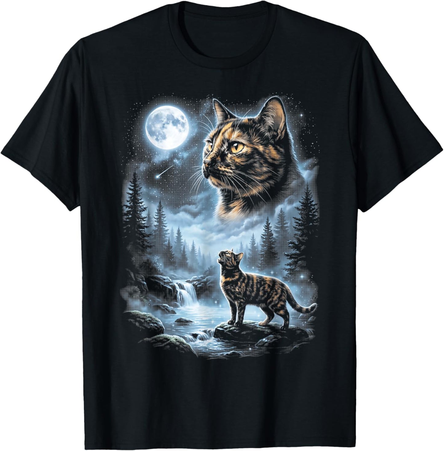 Tortoiseshell Cat Howling At The Moon 90s Retro Vintage T-Shirt - T-Shirt | Black