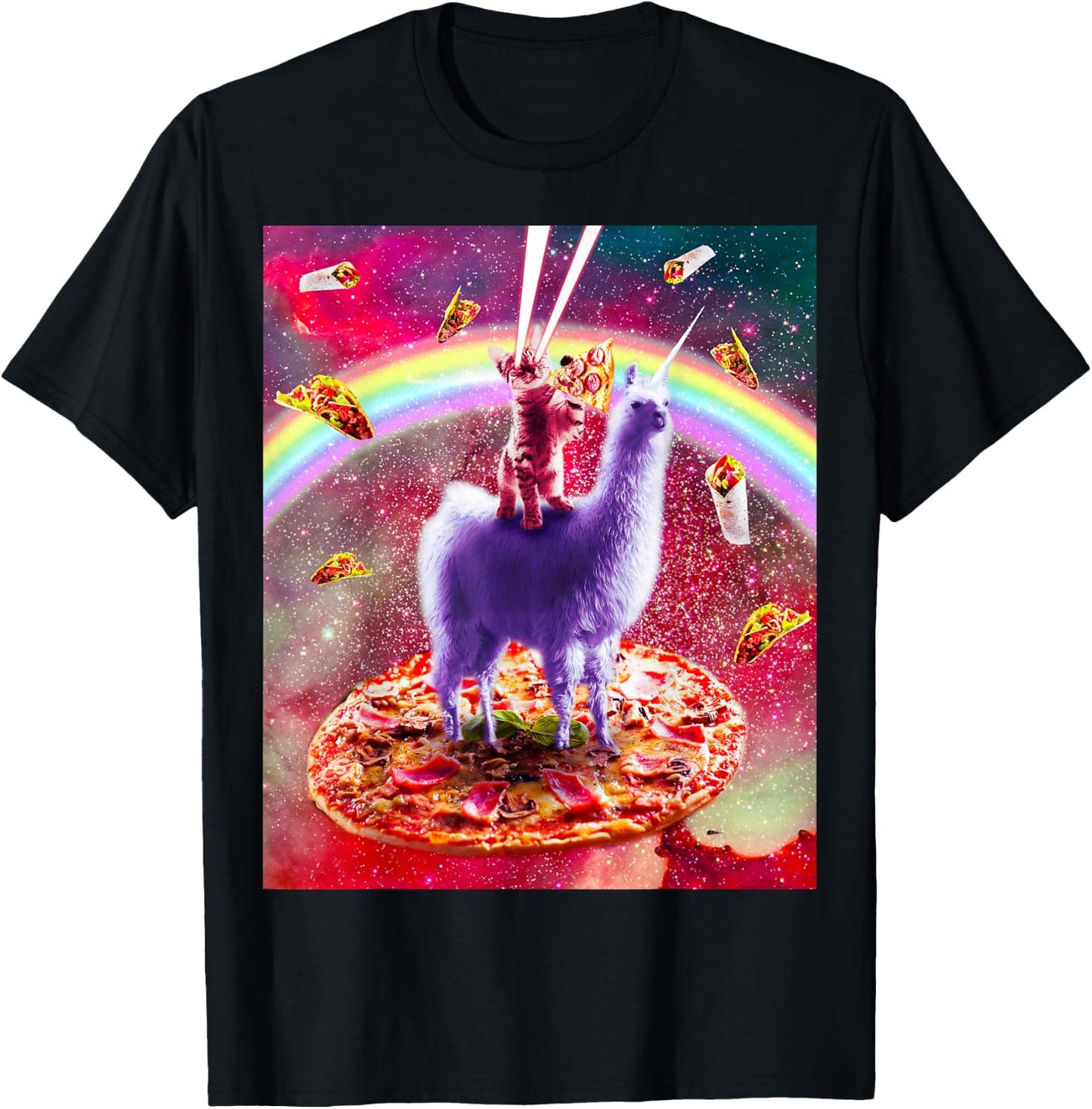 Laser Eyes Outer Space Cat Riding On Llama Unicorn T-Shirt - T-Shirt | Black