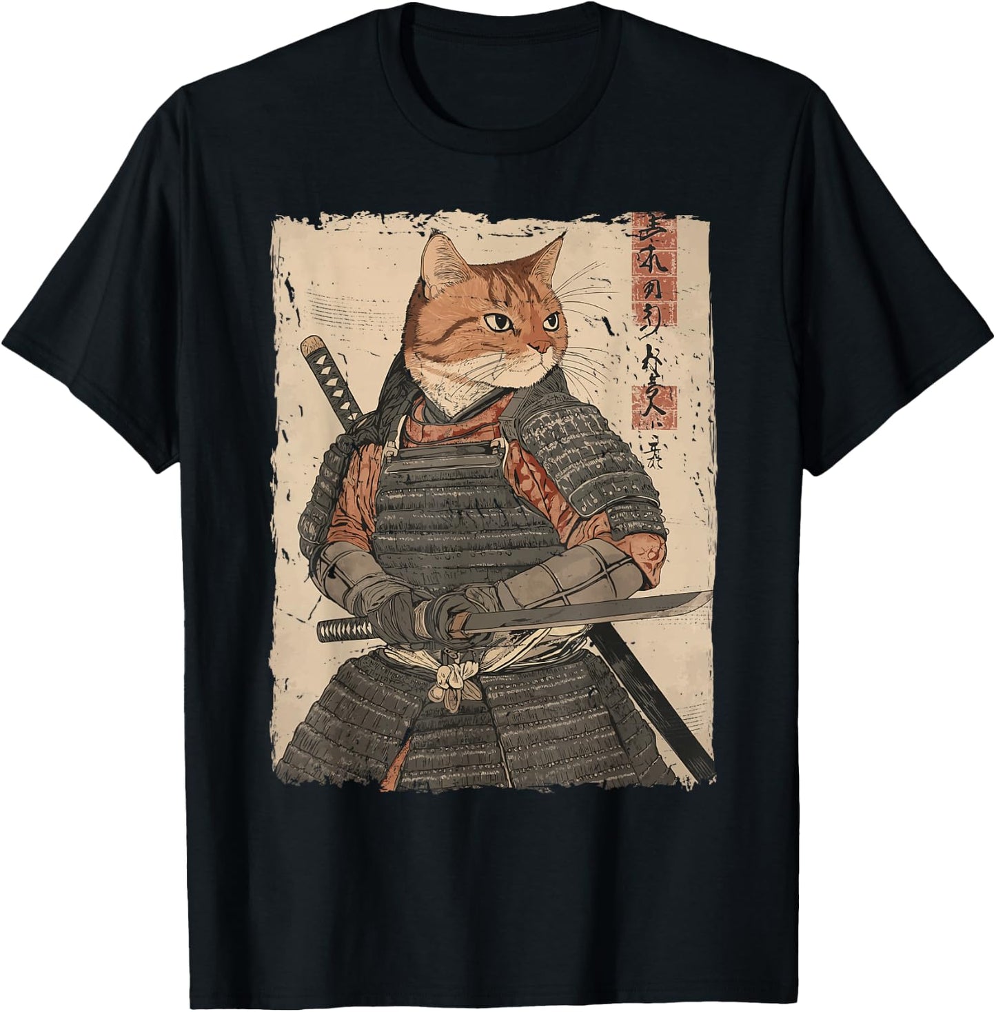 Samurai Cat Warrior Japanese Ukiyo-e Artwork Cat Samurai T-Shirt - T-Shirt | Black
