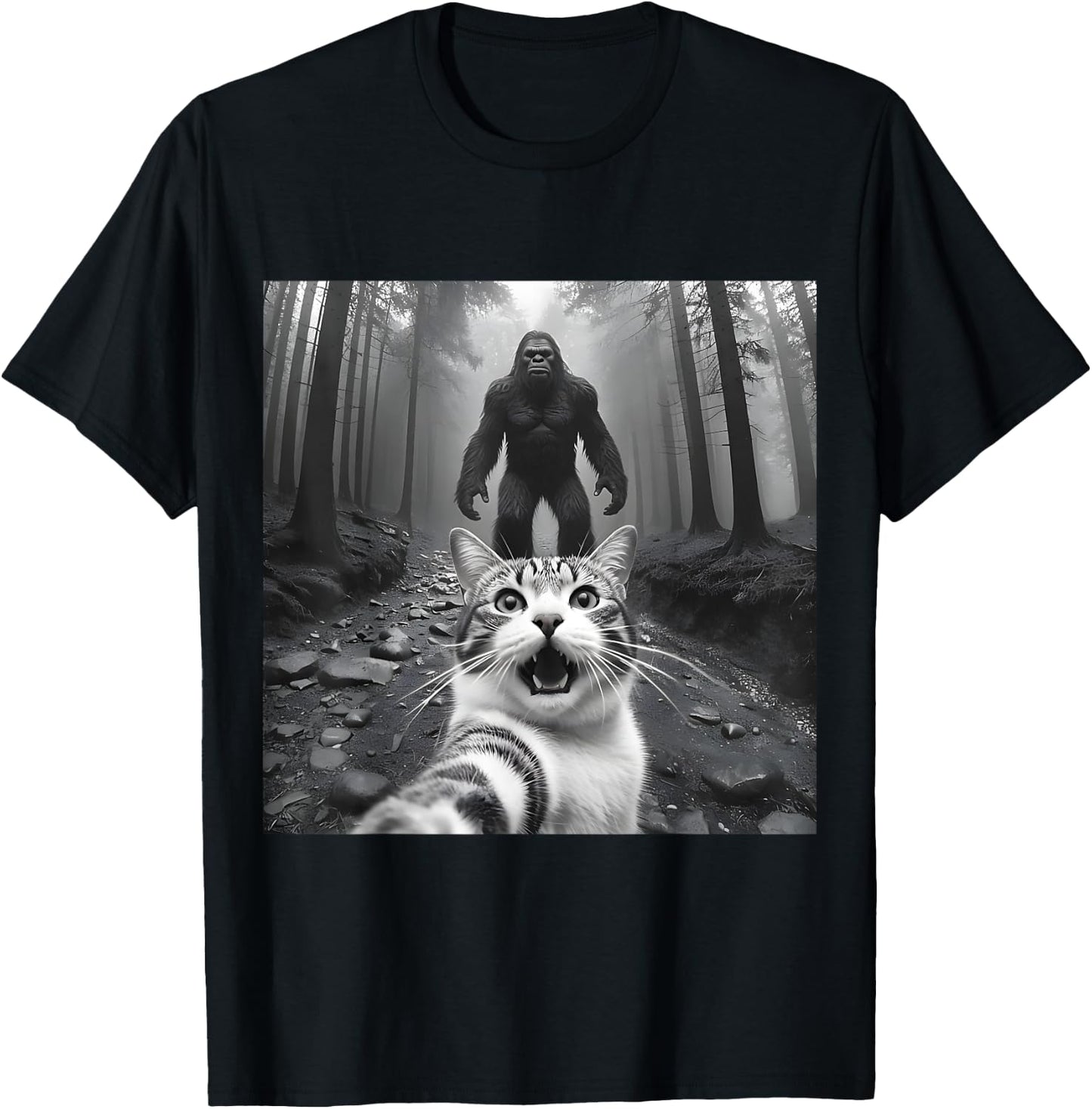 Funny Surprised Scared Cat Selfie With Sasquatsch Bigfoot Men Women Girls Kids T-Shirt - T-Shirt | Black