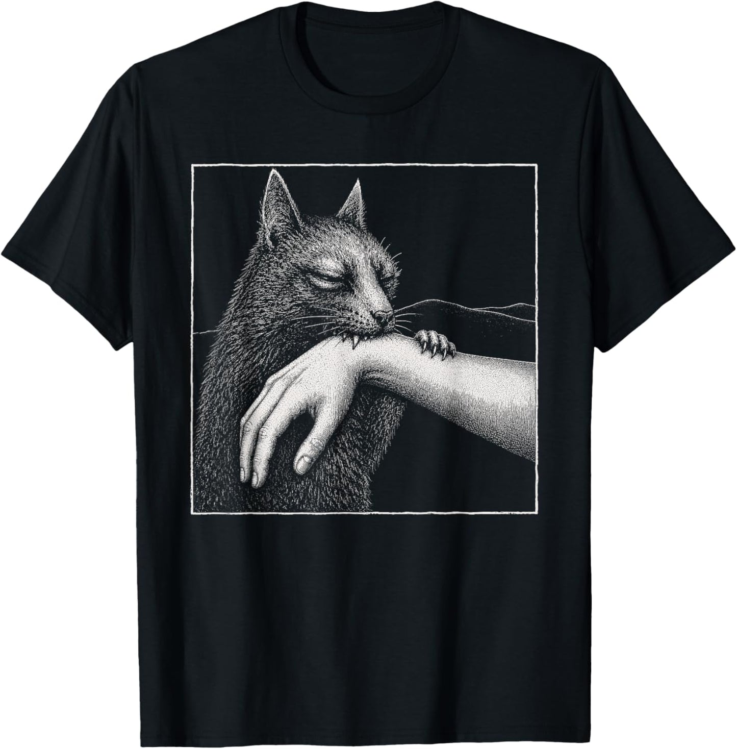 Cat Biting Hand Funny Minimalist Sketch Art T-Shirt - T-Shirt | Black