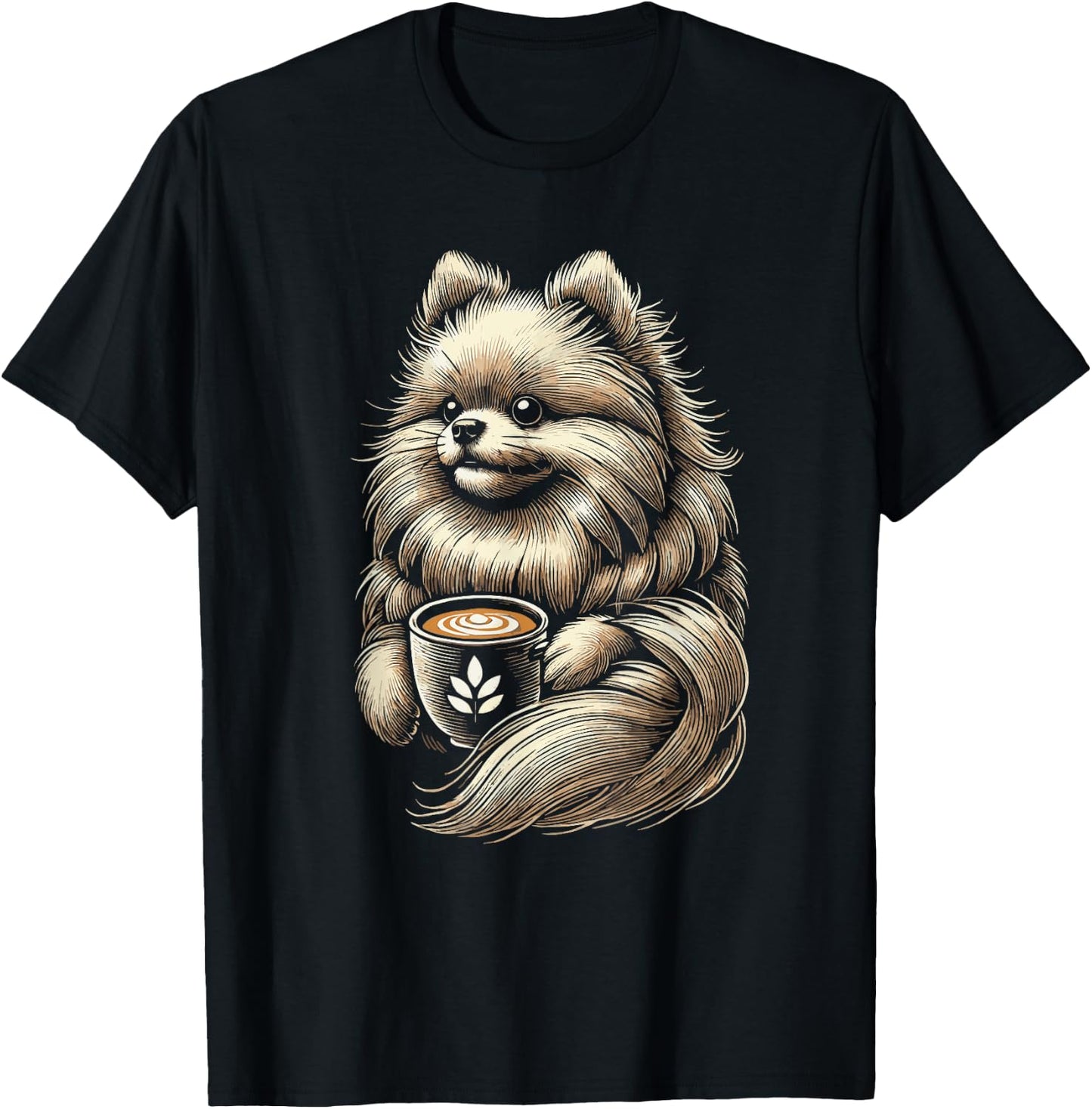 Pomeranian Drinking Coffee Pomeranians Pom Dog T-Shirt - T-Shirt | Black