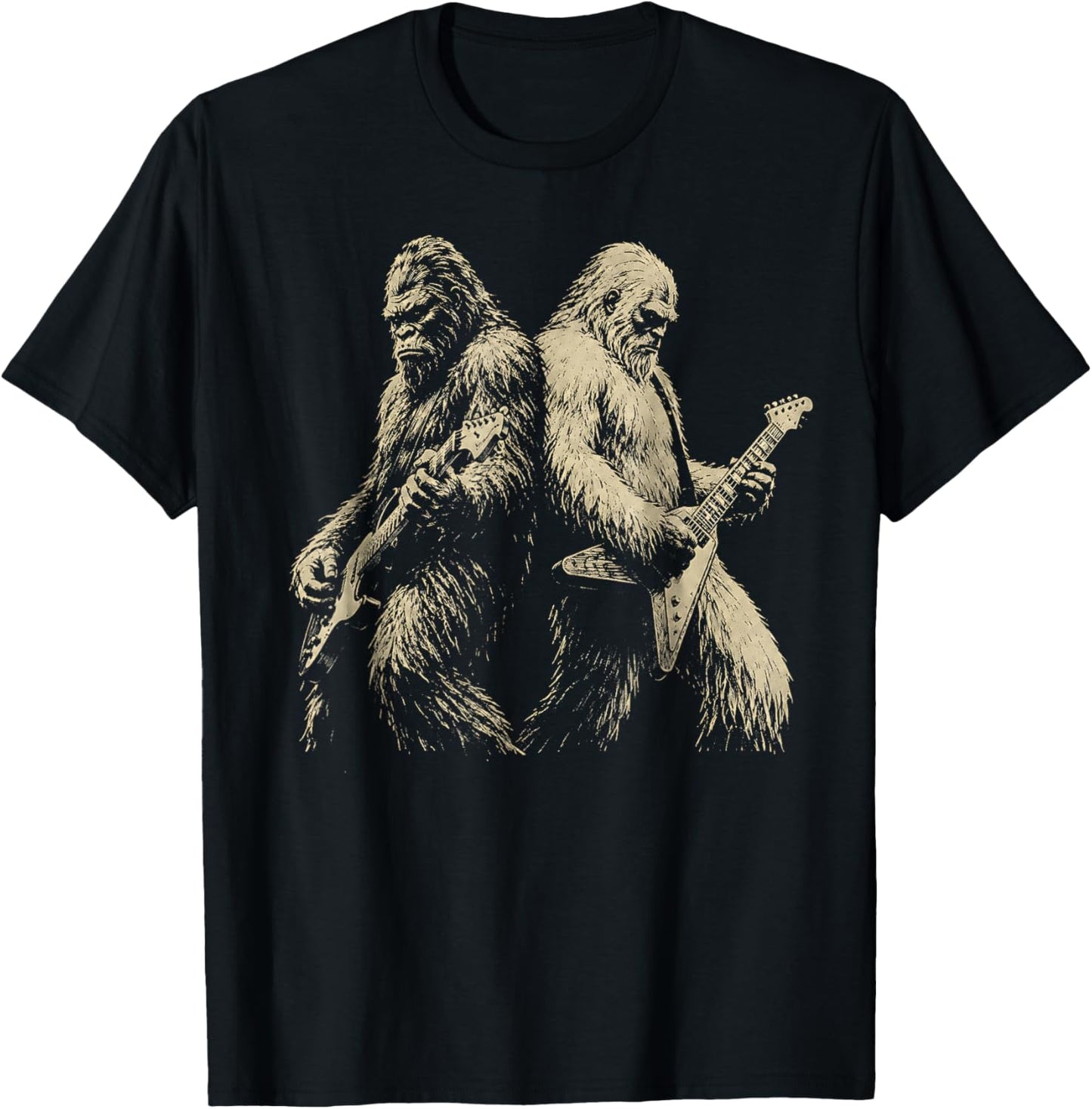 Vintage Bigfoot Playing Guitar with Yeti Rock Music Men T-Shirt - T-Shirt | Black