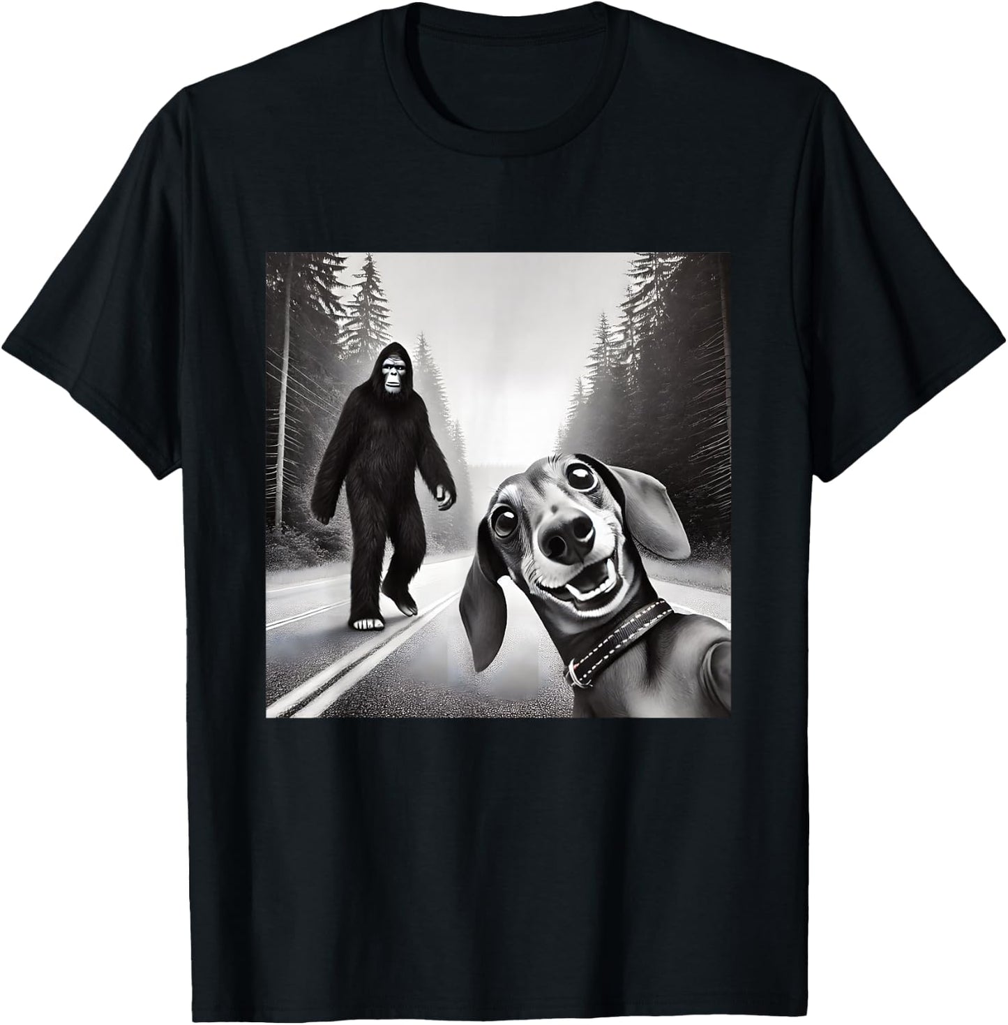 Bigfoot And Dachshund On Road - Black - Small - Short Sleeve T-Shirt - T-Shirt | Black