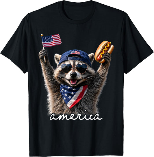 America Feral & Free Racoon Patriotic 4th of July T-Shirt - T-Shirt | Black