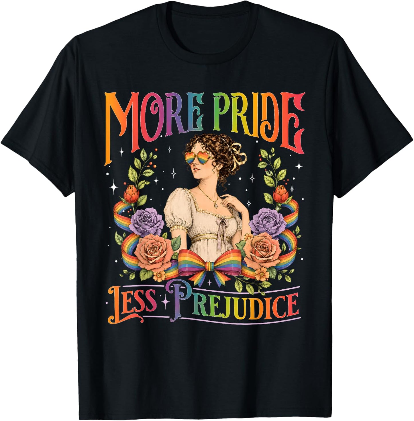 More Pride Less Prejudice Rainbow Vintage Pride Aesthetic T-Shirt - T-Shirt | Black