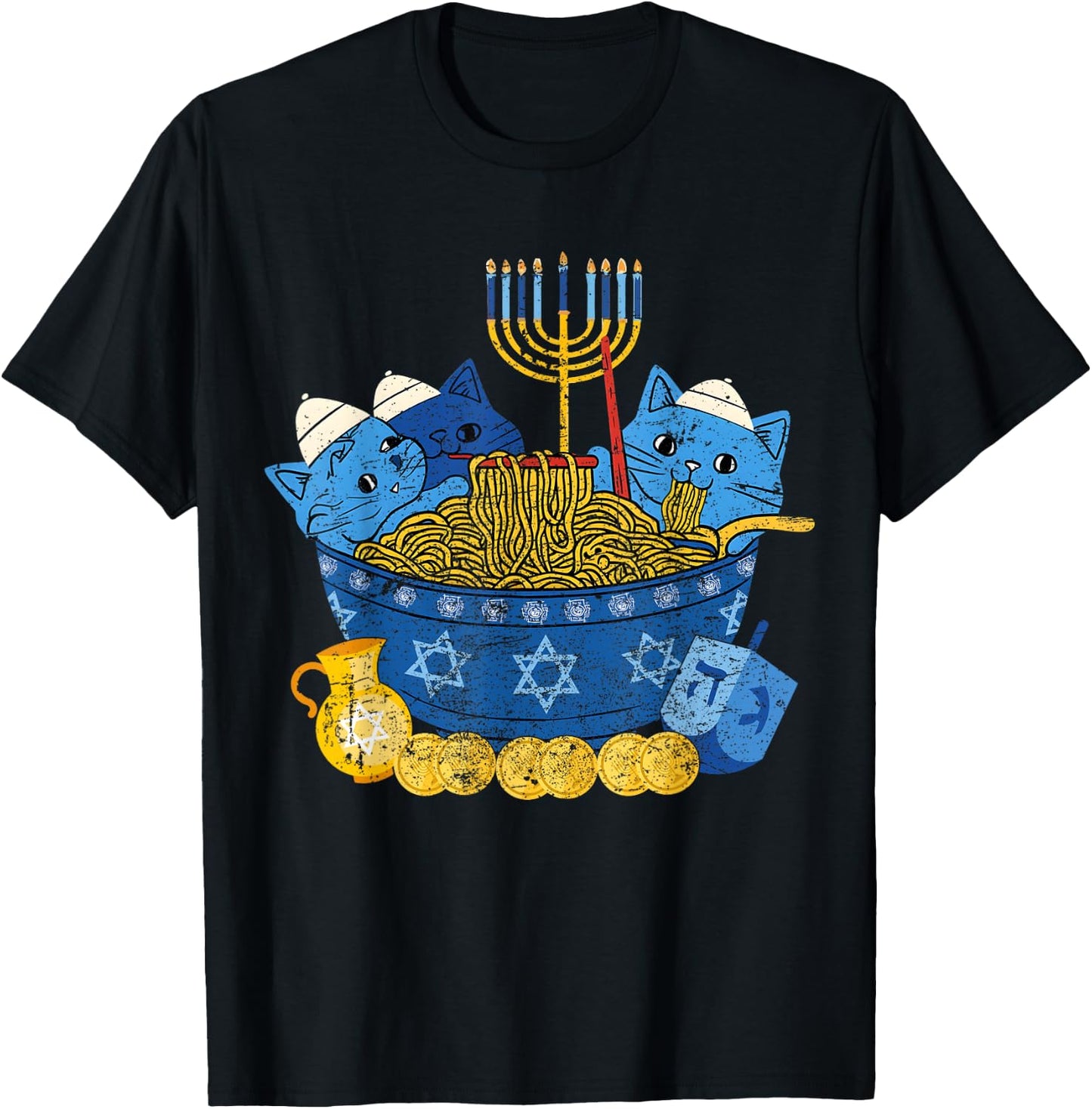 Jewish Cats Ramen Kitten Anime Hanukkah Pajamas Chanukah T-Shirt - T-Shirt | Black