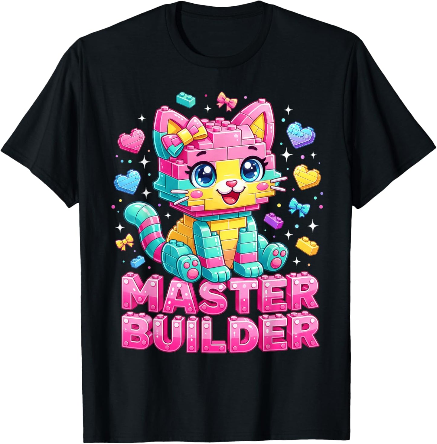 Master Builder Kids Girls Building Bricks Cat Lover Kitten T-Shirt - T-Shirt | Black