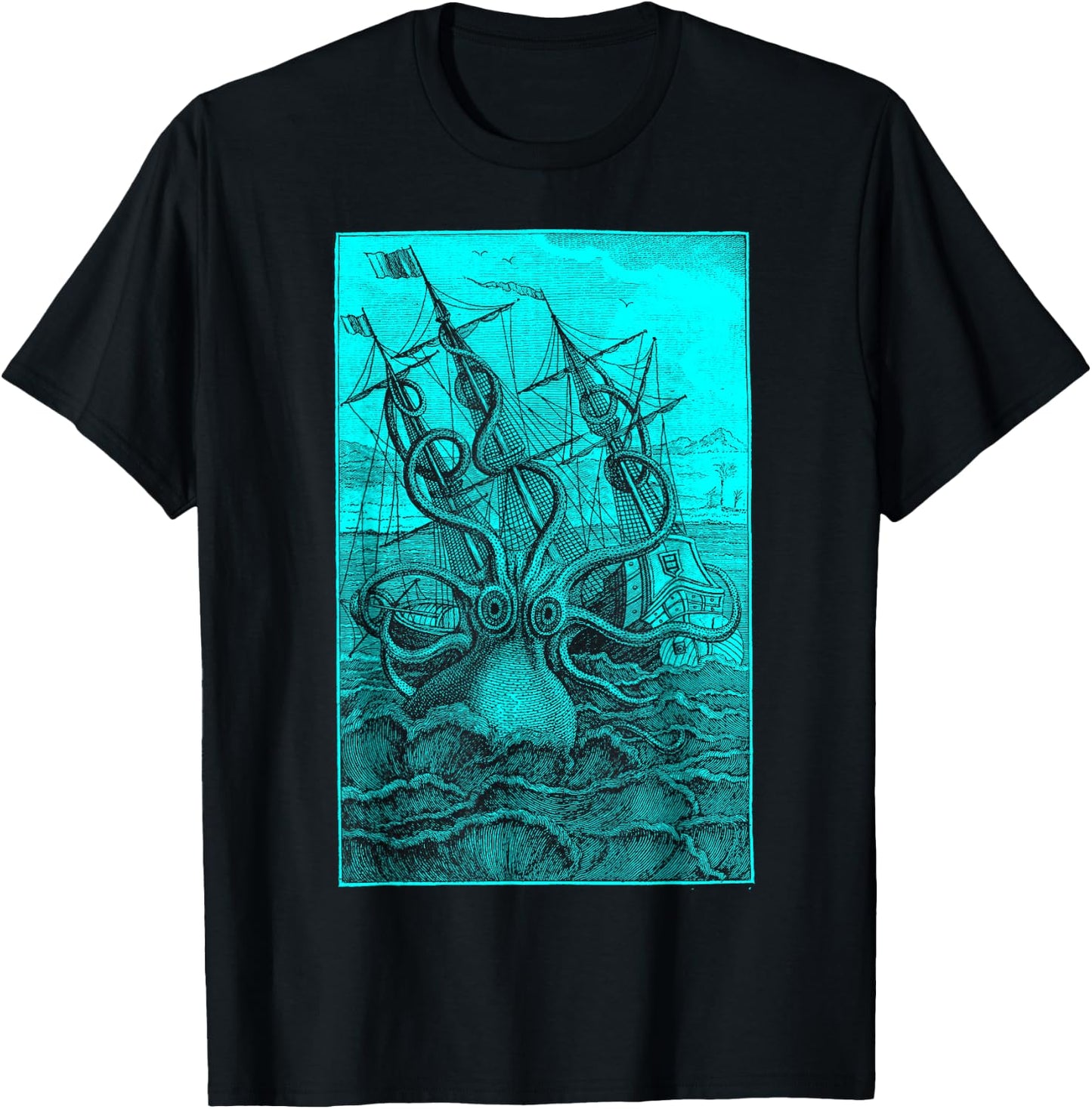 Giant Octopus Pirate Ship Vintage Kraken Sailing Squid T-Shirt - T-Shirt | Black