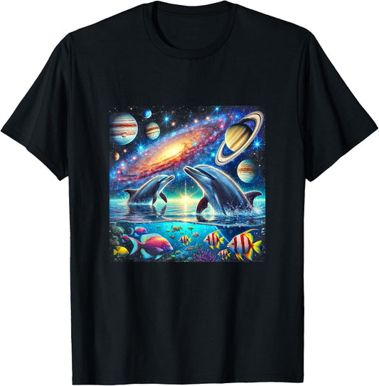 90s Dolphin, Y2k Space Galaxy Dolphins, Colorful Beach T-Shirt - T-Shirt | Black