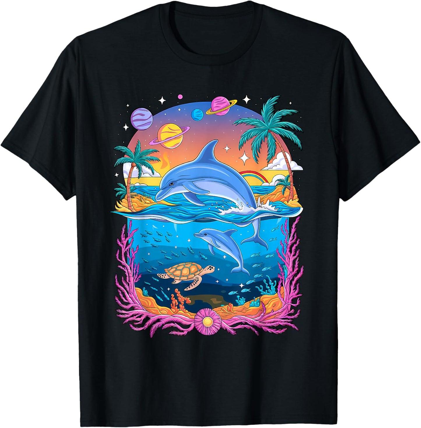 Space Dolphin Galaxy Dolphins Rainbow T-Shirt - T-Shirt | Black