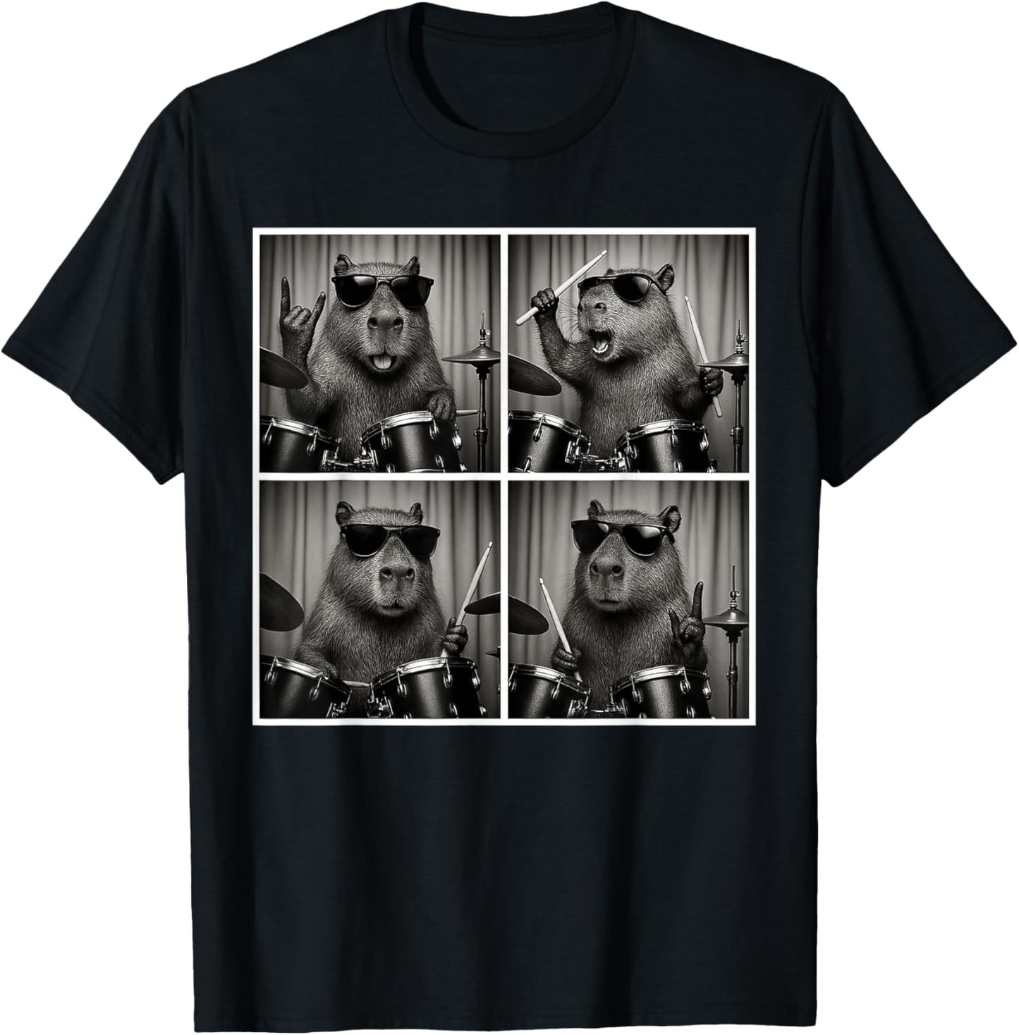 Vintage Capybara Playing Drums Capybara Drummer Photobooth T-Shirt - T-Shirt | Black