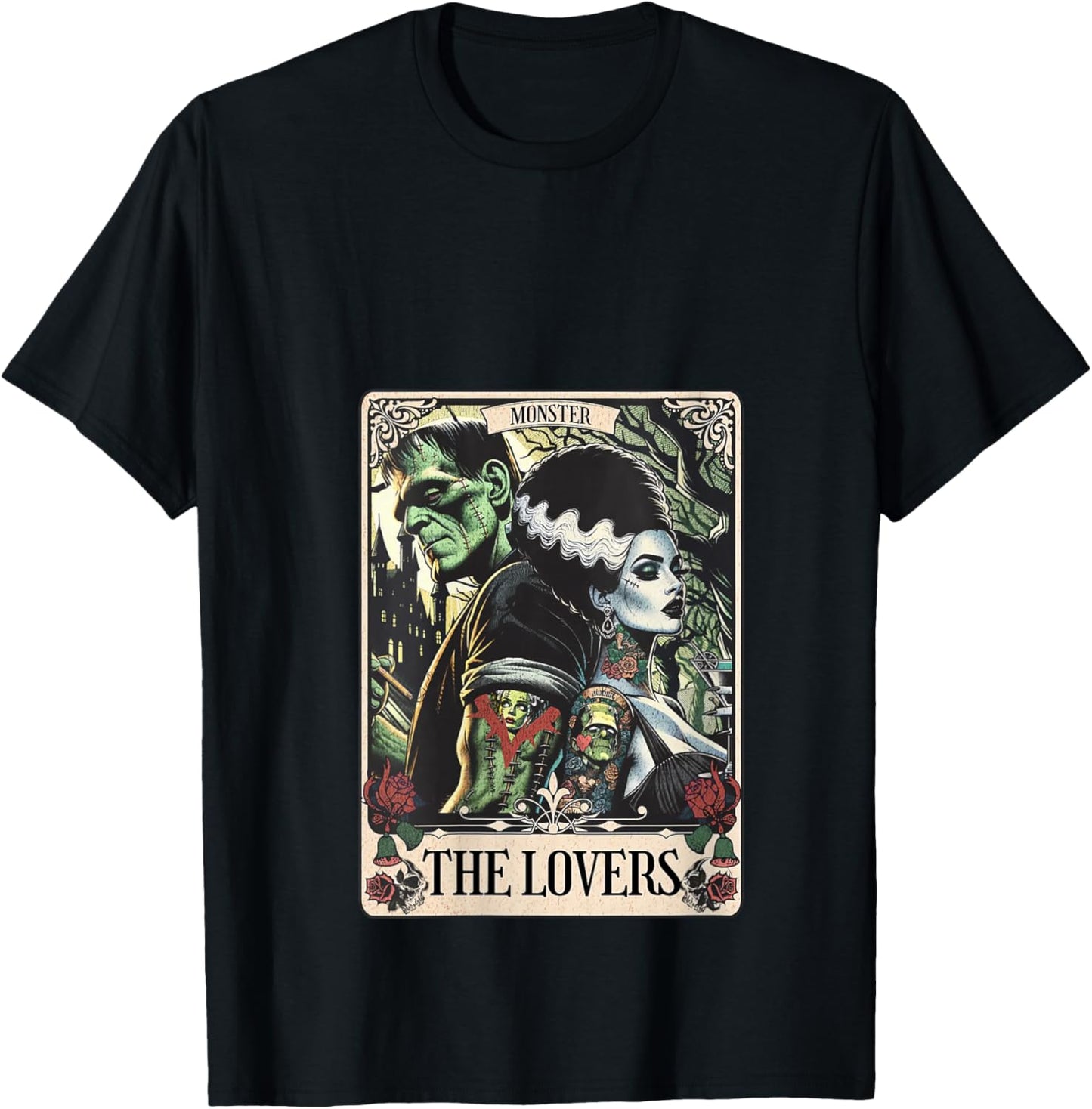 Women's The Monster Frankenstein and Bride The Lovers Tarot Card V-Neck T-Shirt - T-Shirt | Black