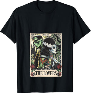 Women's The Monster Frankenstein and Bride The Lovers Tarot Card V-Neck T-Shirt - T-Shirt | Black