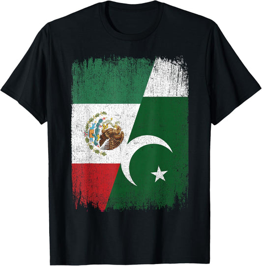 Half Mexico Pakistan Flag Mexican Pakistani Roots T-Shirt - T-Shirt | Black