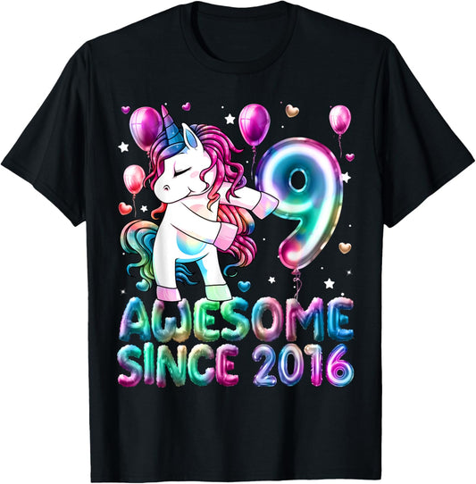 Flossing Unicorn 9 Year Old 9th Birthday Girl Unicorn Party T-Shirt - T-Shirt | Black