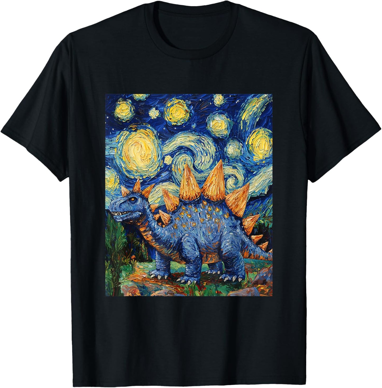 Stegosaurus Dinosaur Dino - Van Gogh Style - Starry Night T-Shirt - T-Shirt | Black