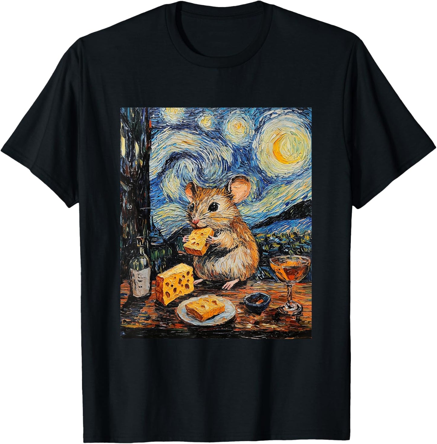 Cute Mouse Rat - Van Gogh Style - Starry Night Graphic T-Shirt - T-Shirt | Black