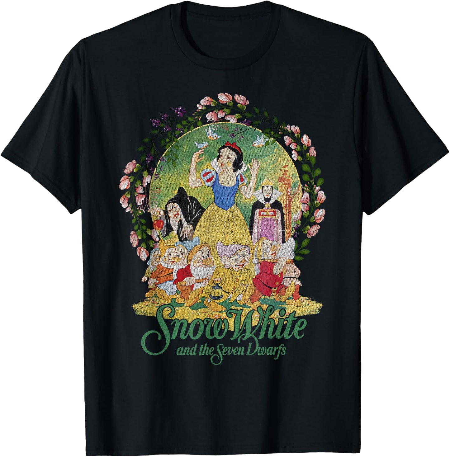 Disney Snow White Group Shot Classic Poster Floral Wreath T-Shirt - T-Shirt | Black