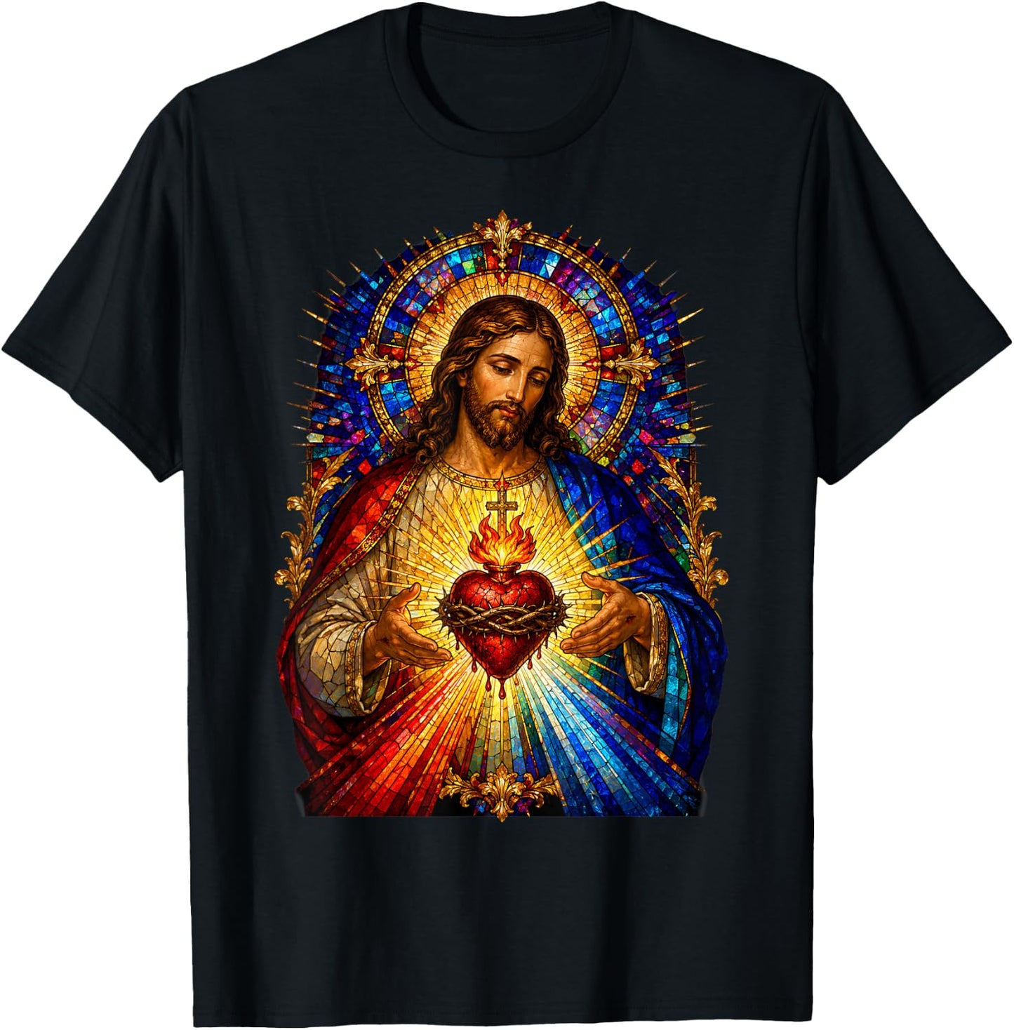 Heart of Jesus Sacred Gothic Cathedral Mosaic Icon Art Faith T-Shirt - T-Shirt | Black