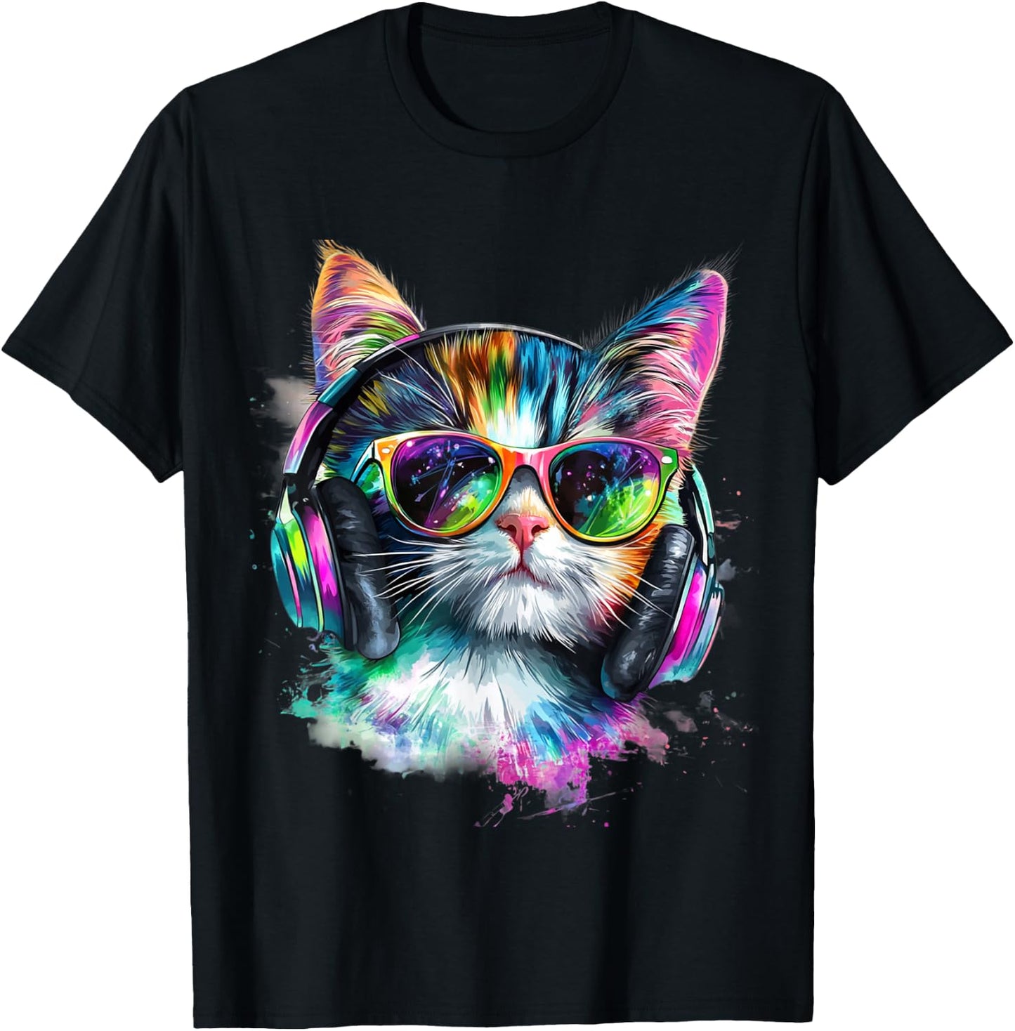 Cool Rainbow Cat Men Women Music Lover Design DJ Cat Lovers T-Shirt - T-Shirt | Black