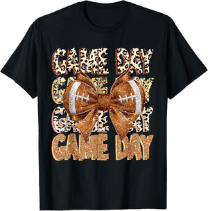 Game Day Football Bling bling Coquette Bow leopard trendy T-Shirt - T-Shirt | Black