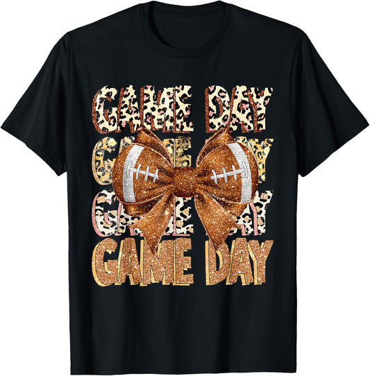 Game Day Football Bling bling Coquette Bow leopard trendy T-Shirt - T-Shirt | Black