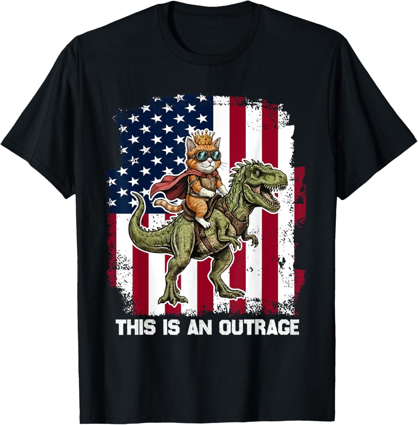 This is an Outrage Funny Cat Riding Dinosaur 4th of July T-Shirt - T-Shirt | Black