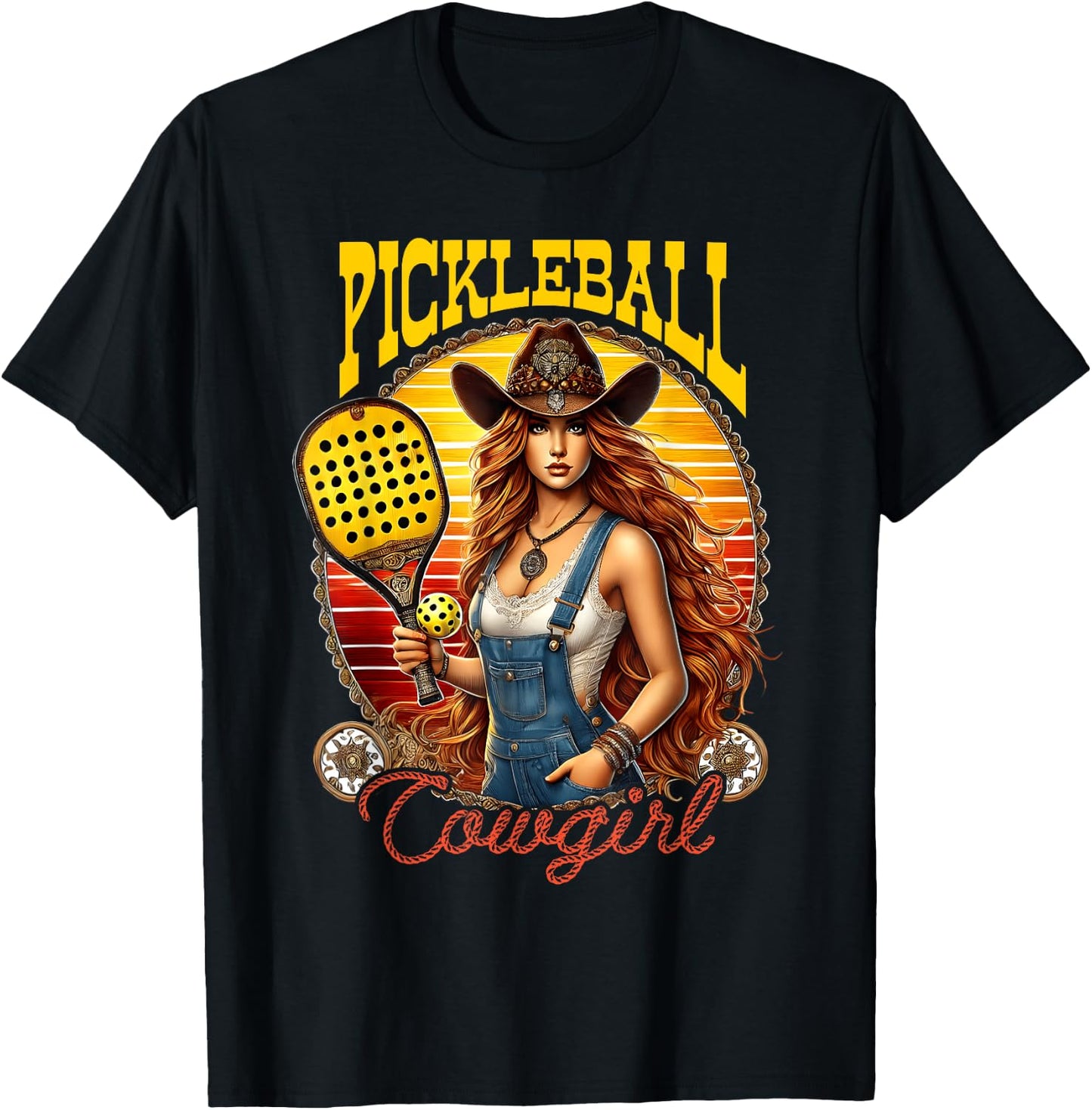 Pickleball Cowgirl Western Girl Funny Pickleball Player T-Shirt - T-Shirt | Black