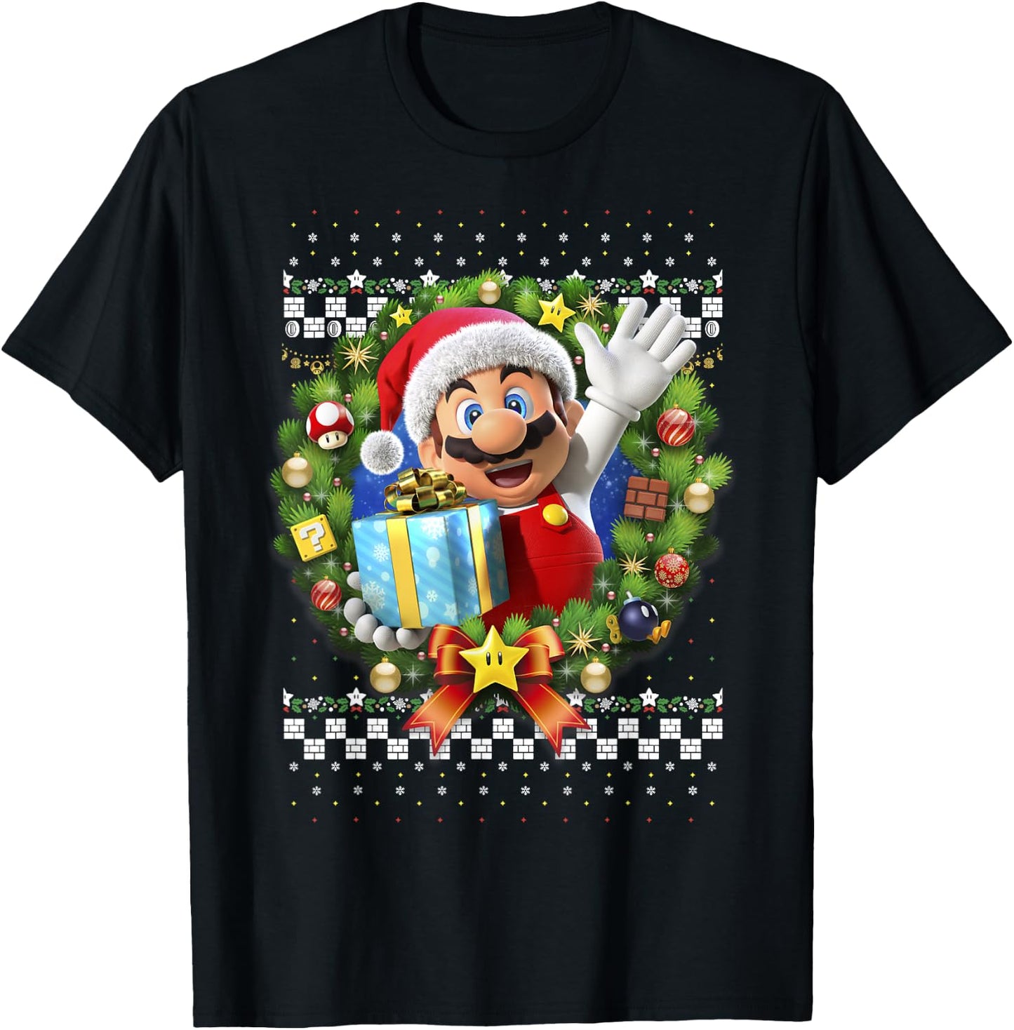 Super Mario 3D Christmas Wreath Present Graphic Short Sleeve T-Shirt - T-Shirt | Black