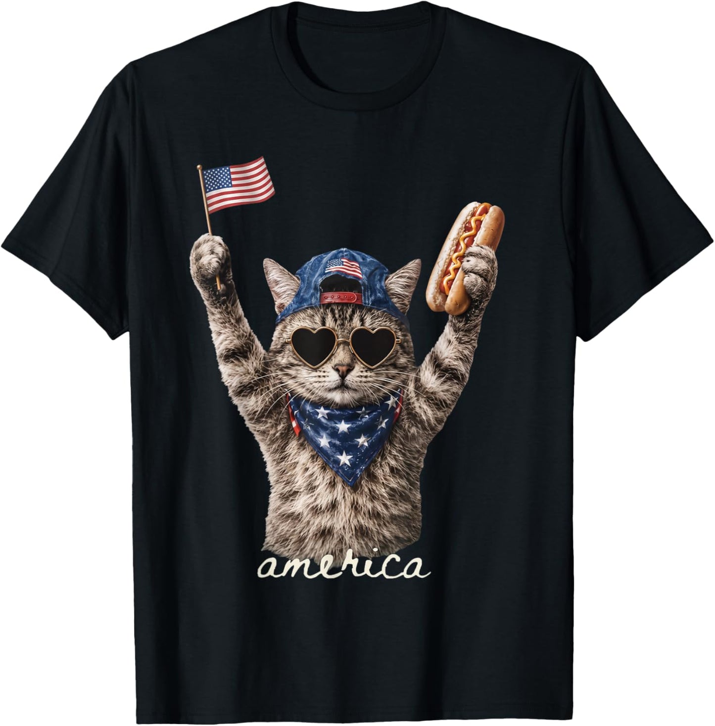 Retro Funny America Cat Hot Dog Lovers Patriotic US Flag T-Shirt - T-Shirt | Black
