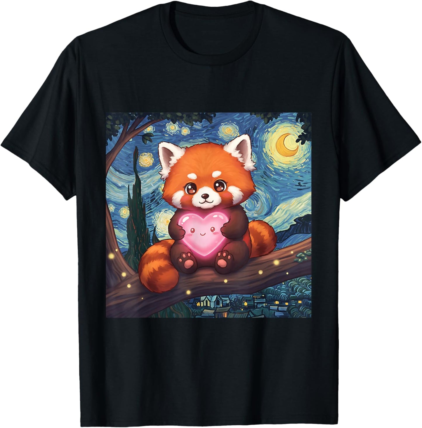 Cute Adorable Red Panda Holding Heart Van Gogh Inspired T-Shirt - T-Shirt | Black