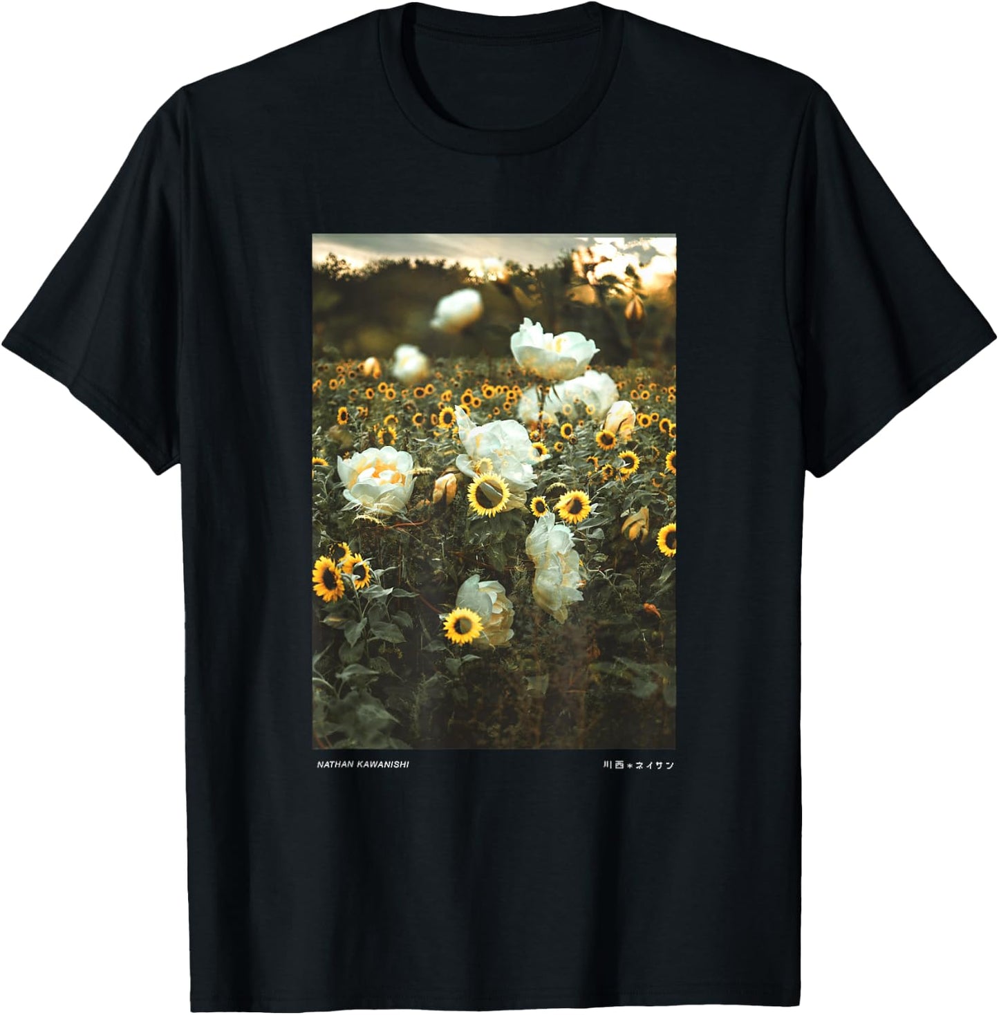 Nathan Kawanishi Aesthetic Modern Floral Sunflower - Women's Classic Fit Black Short Sleeve Small T-Shirt - T-Shirt | Black